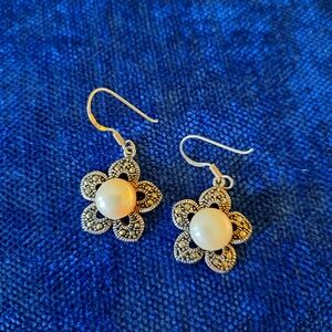 Marquisite and pearl silver earrings